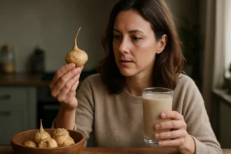 Žena skúma koreň macy a nápoj na zdravie.