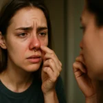 Žena skúma svoje nosové piercing a znepokojený výraz.