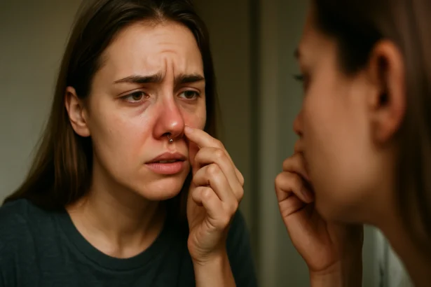 Žena skúma svoje nosové piercing a znepokojený výraz.