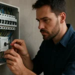 Technik pracuje na krížovom prepínači v elektrickej rozvodnej skrini.