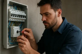 Technik pracuje na krížovom prepínači v elektrickej rozvodnej skrini.