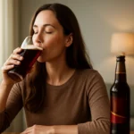 Žena vychutnávajúca si Karamalz pivo z pohára v interiéri.