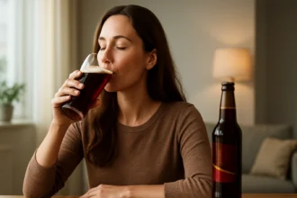 Žena vychutnávajúca si Karamalz pivo z pohára v interiéri.