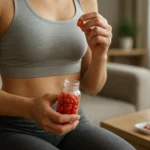 Žena užíva spaľujúce tabletky na chudnutie v pohodlí domova.