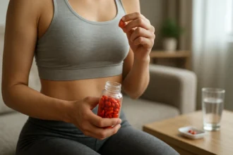 Žena užíva spaľujúce tabletky na chudnutie v pohodlí domova.