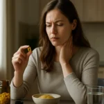 Žena premýšľa nad užívaním doplnku so sírou a vyjadruje obavy.