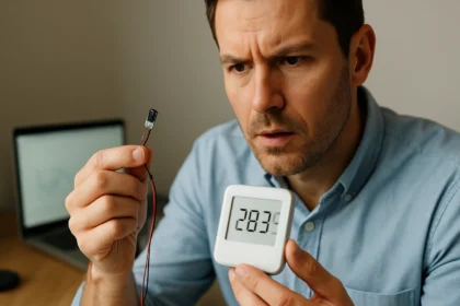 Muž skúma teplotný senzor a digitálny teplomer v kancelárii.