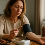 Žena merajúca krvný tlak s tyčinkami škorice na stole.