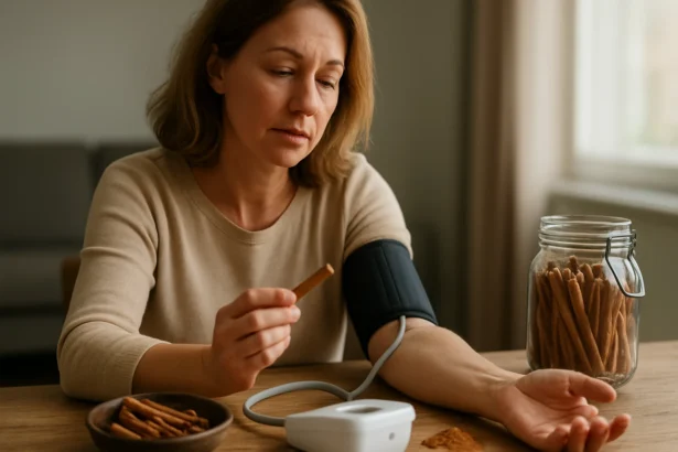 Žena merajúca krvný tlak s tyčinkami škorice na stole.