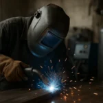 Zvarovanie MIG v akcii s iskrami a zváračskou maskou.