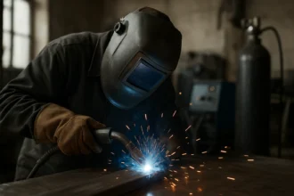 Zvarovanie MIG v akcii s iskrami a zváračskou maskou.