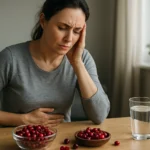 Žena s bolesťami brucha a brusnicami na stole