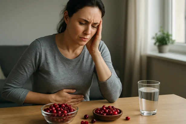 Žena s bolesťami brucha a brusnicami na stole