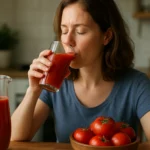 Žena pije paradajkovú šťavu, vedľa nádoba a miska s paradajkami.