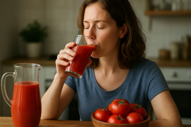 Žena pije paradajkovú šťavu, vedľa nádoba a miska s paradajkami.