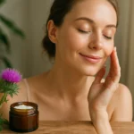 Žena s krásnou pleťou aplikujúca krém s pestrecom mariánskym.