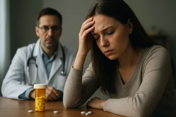 Žena s bolesťou a lekárom, vedľa je liek oxykodón v fľaši.