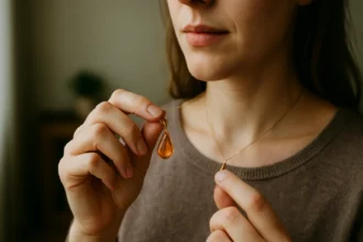 Žena drží malý medailón v tvare kvapky na zlatom náhrdelníku.