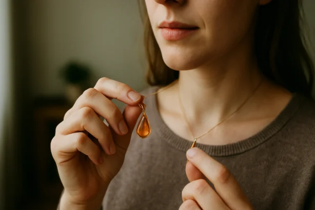 Žena drží malý medailón v tvare kvapky na zlatom náhrdelníku.