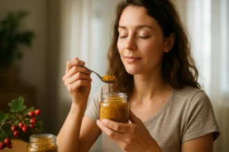 Žena vychutnáva hlohový peľ zo sklenenej nádoby na podpore zdravia.