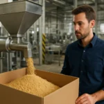 Pracovník plní dávkovač kôrky v priemyselnom prostredí.