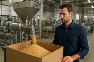 Pracovník plní dávkovač kôrky v priemyselnom prostredí.