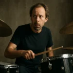 Bubeník hrajúci na stredný bubon s prekvapeným výrazom.