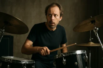 Bubeník hrajúci na stredný bubon s prekvapeným výrazom.