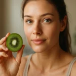 Žena s kivi v ruke, ukazujúca na zdravú pleť a výhody ovocia.