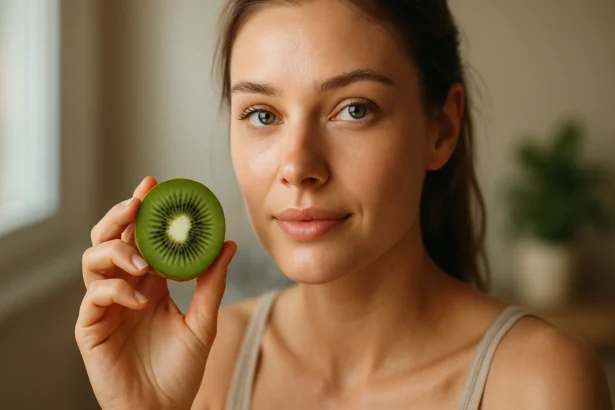 Žena s kivi v ruke, ukazujúca na zdravú pleť a výhody ovocia.