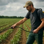 Pestovateľ aplikuje herbicíd Reglone na políčko s rastlinami.