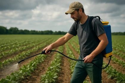 Pestovateľ aplikuje herbicíd Reglone na políčko s rastlinami.