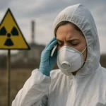 Žena v ochrannom obleku a maske v oblasti s rádioaktívnym žiarením.