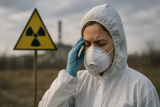 Žena v ochrannom obleku a maske v oblasti s rádioaktívnym žiarením.