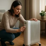 Žena nastavuje olejový radiátor v pohodlnom interiéri.