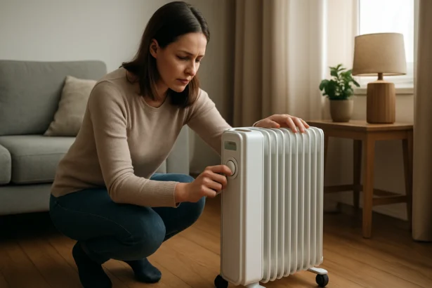 Žena nastavuje olejový radiátor v pohodlnom interiéri.