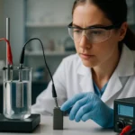 Žena v laboratóriu skúma aktívnu anódu v elektrochemickom experimente.
