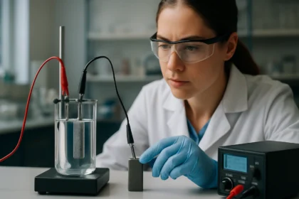 Žena v laboratóriu skúma aktívnu anódu v elektrochemickom experimente.