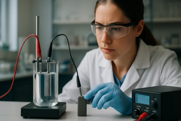 Žena v laboratóriu skúma aktívnu anódu v elektrochemickom experimente.