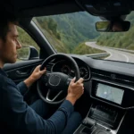 Muž šoféruje moderné auto na strmej ceste