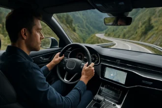 Muž šoféruje moderné auto na strmej ceste