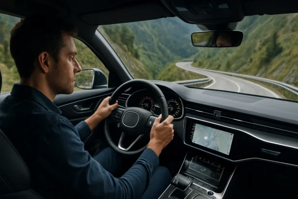 Muž šoféruje moderné auto na strmej ceste