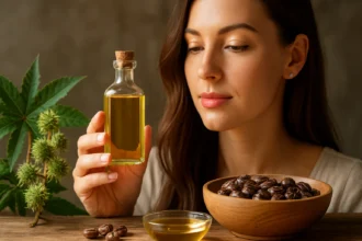 Žena skúma fľašu ricínového oleja v prírodnom prostredí.