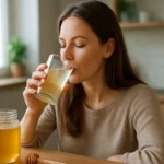 Žena pije medovú vodu pre zlepšenie zdravia a vitality