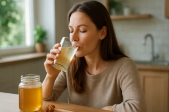 Žena pije medovú vodu pre zlepšenie zdravia a vitality