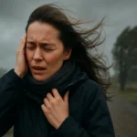 Žena si chráni hlavu pred silným vetrom počas búrkového počasia.