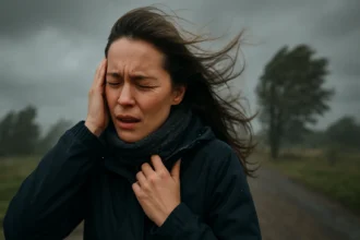 Žena si chráni hlavu pred silným vetrom počas búrkového počasia.