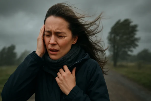 Žena si chráni hlavu pred silným vetrom počas búrkového počasia.