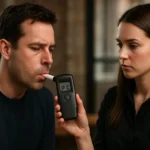 Muž testuje svoju krvná hladinu alkoholu pomocou digitálneho testeru.