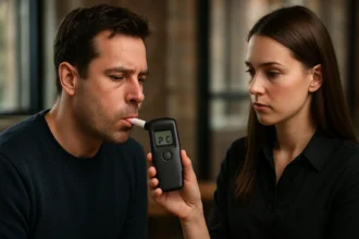 Muž testuje svoju krvná hladinu alkoholu pomocou digitálneho testeru.